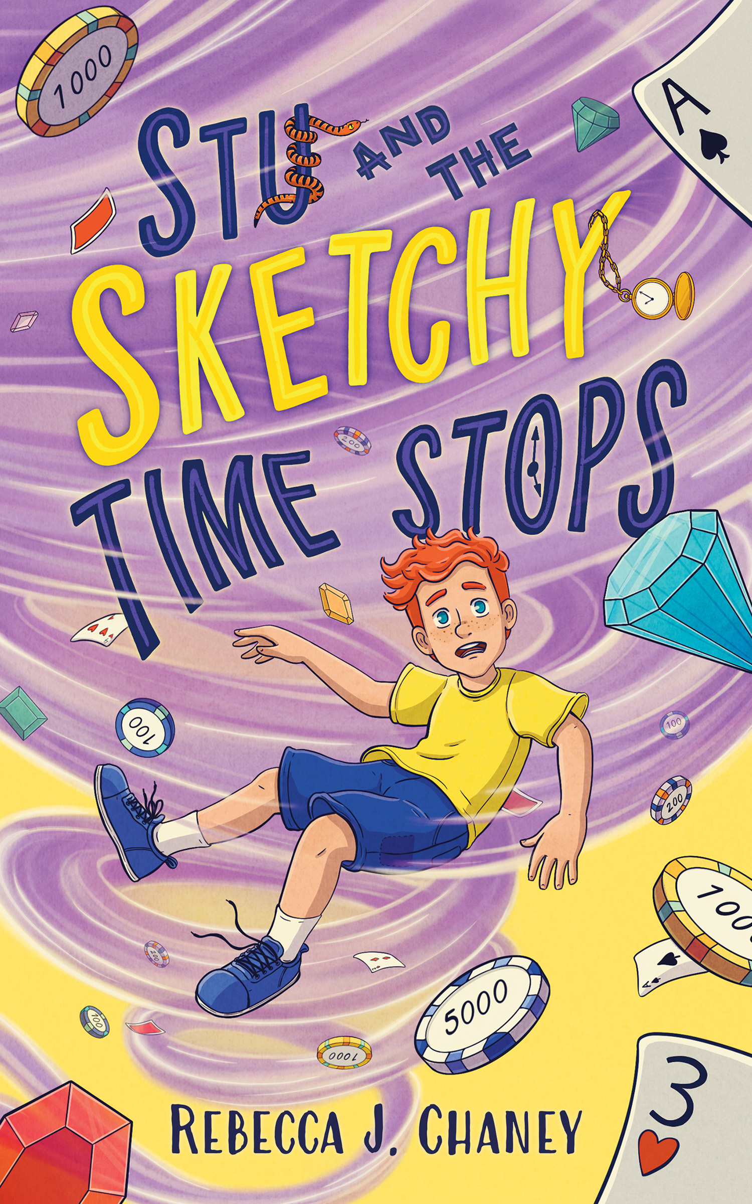 Book Cover of Stu and the Sketchy Time Stops showing a boy, casino chips, and playing cards swirling in a purple tornado.